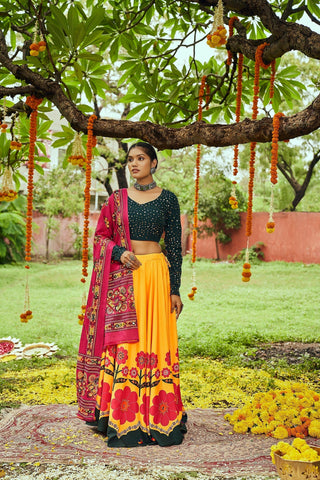 Navratri Special Yellow With Green Digital Print Traditional Lehenga With Koti Clothsvilla
