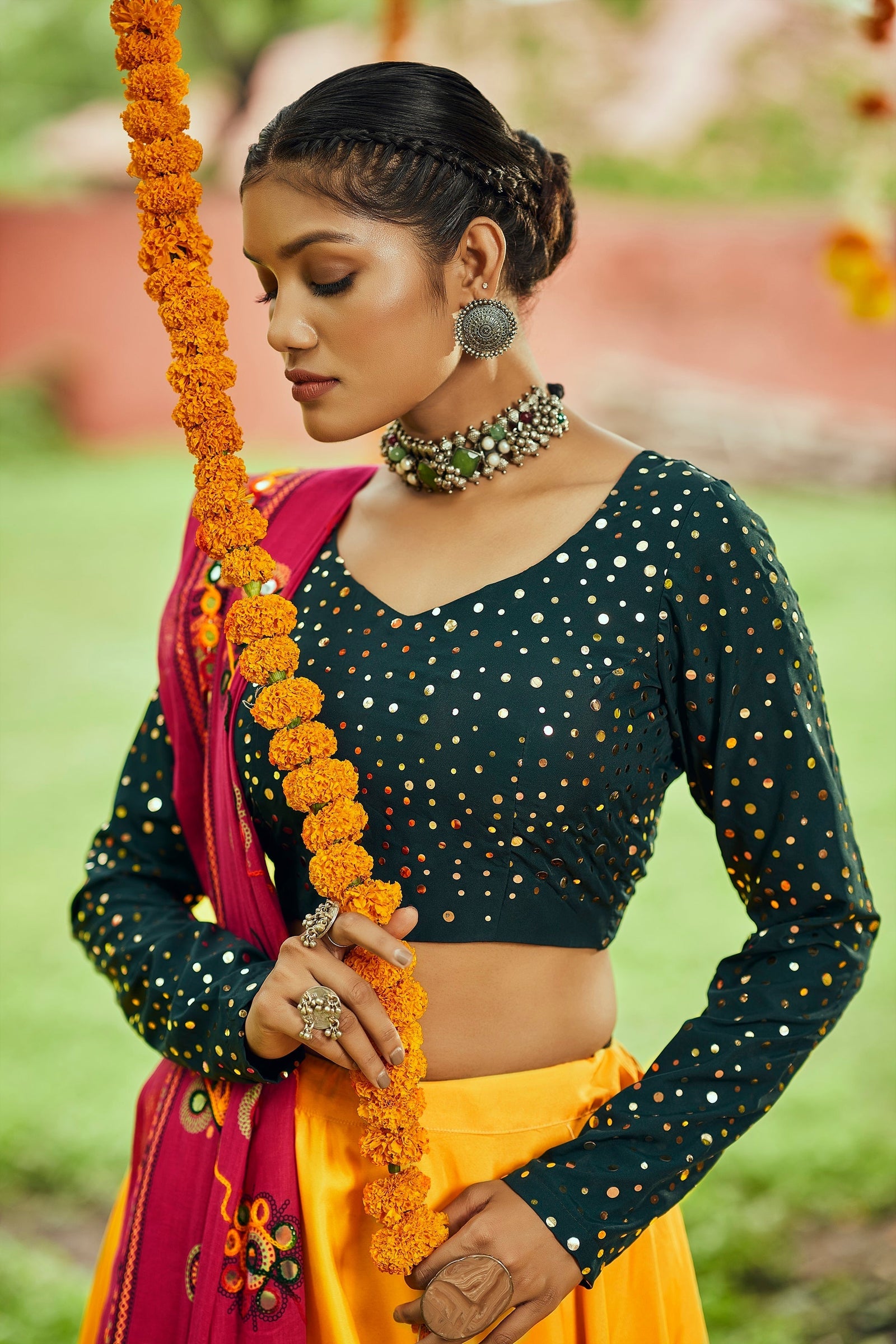 Navratri Special Yellow With Green Digital Print Traditional Lehenga With Koti Clothsvilla