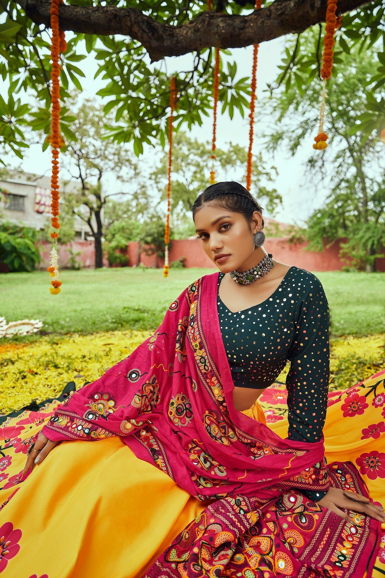 Navratri Special Yellow With Green Digital Print Traditional Lehenga With Koti Clothsvilla