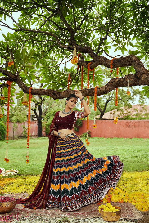 Navratri Special Maroon With MultiColor Digital Print Traditional Lehenga With Koti Clothsvilla Main image