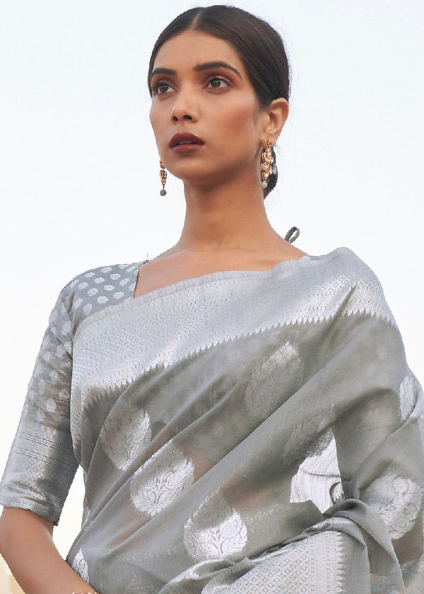 Charcoal Grey Woven Linen Silk Saree Clothsvilla