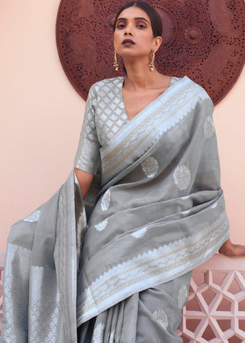 Seal Grey Woven Linen Silk Saree Clothsvilla
