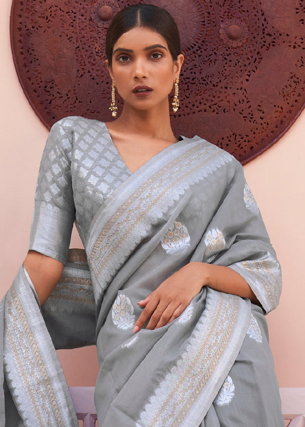 Seal Grey Woven Linen Silk Saree Clothsvilla