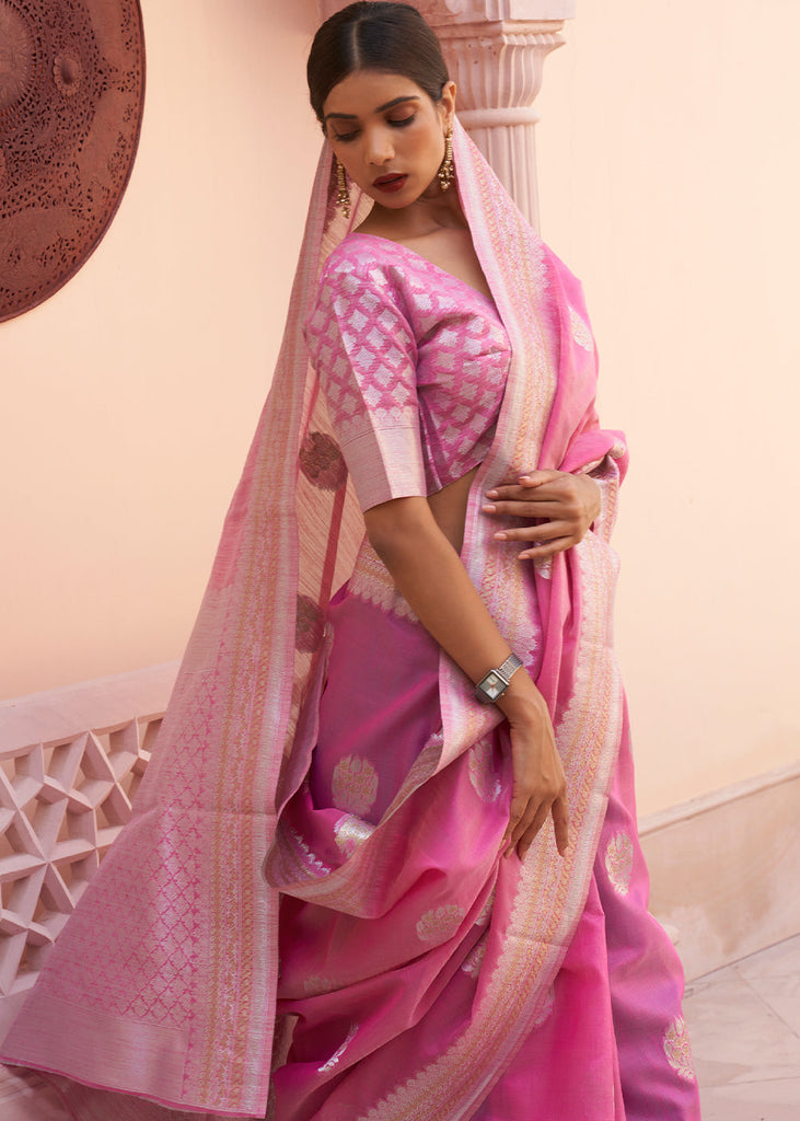 Fuscia Pink Woven Linen Silk Saree Clothsvilla