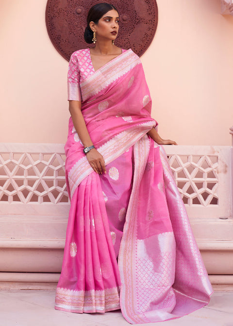 Fuscia Pink Woven Linen Silk Saree Clothsvilla Main image