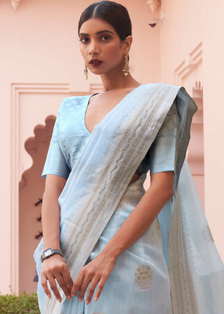 Baby Blue Woven Linen Silk Saree Clothsvilla