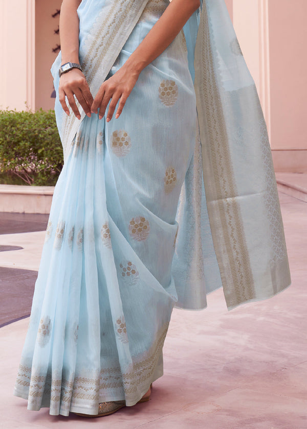 Baby Blue Woven Linen Silk Saree Clothsvilla