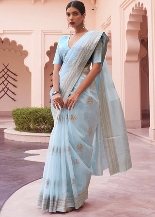 Baby Blue Woven Linen Silk Saree Clothsvilla