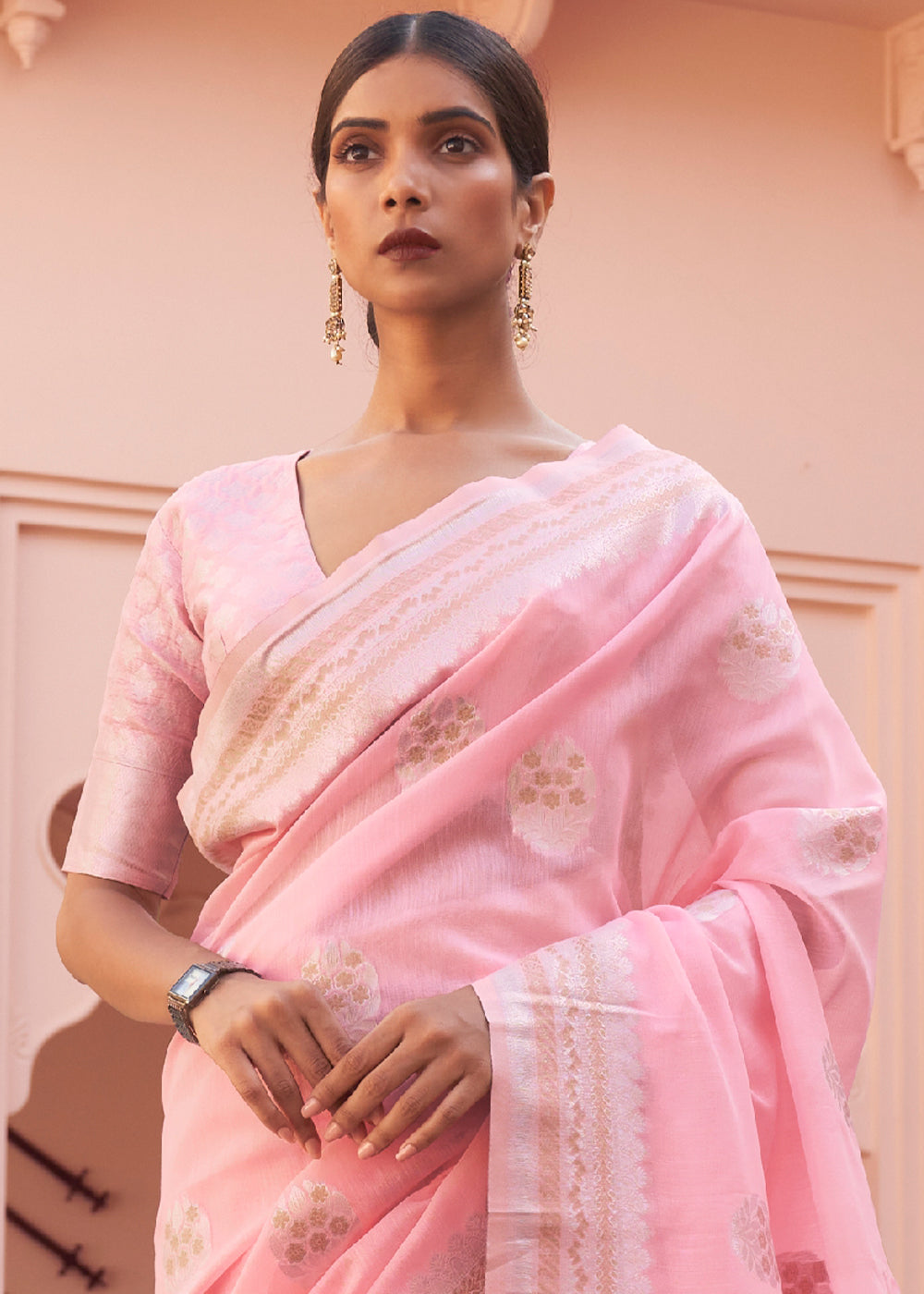 Flamingo Pink Woven Linen Silk Saree Clothsvilla