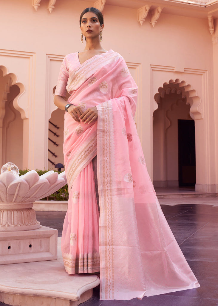 Flamingo Pink Woven Linen Silk Saree Clothsvilla