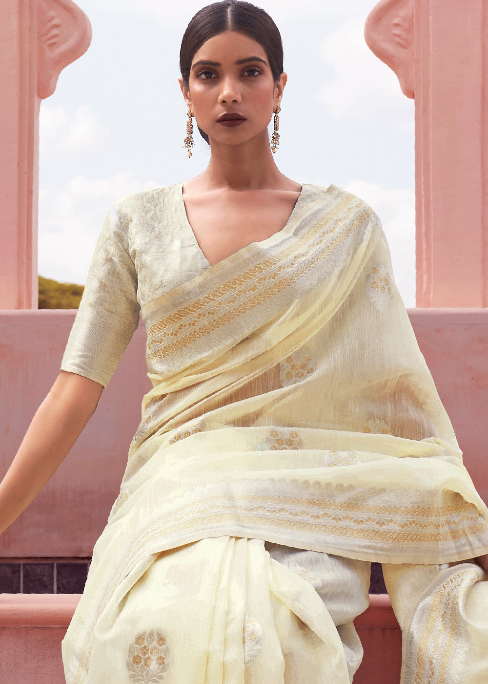 Light Yellow Woven Linen Silk Saree Clothsvilla