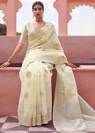 Light Yellow Woven Linen Silk Saree Clothsvilla
