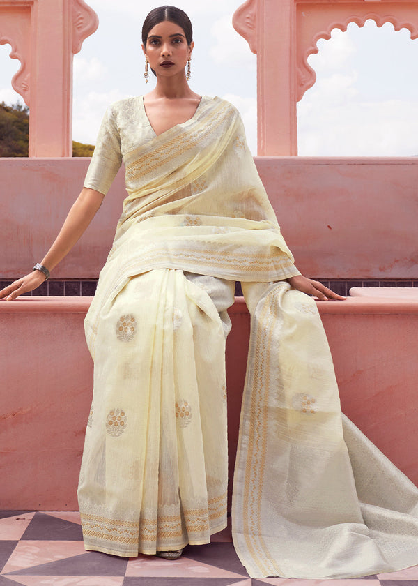 Light Yellow Woven Linen Silk Saree Clothsvilla