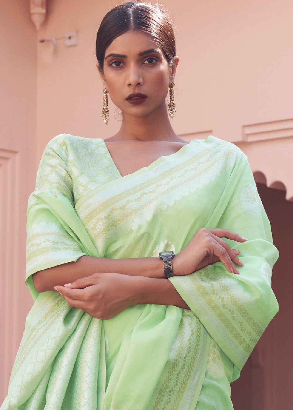 Chinoise Green Woven Linen Silk Saree Clothsvilla