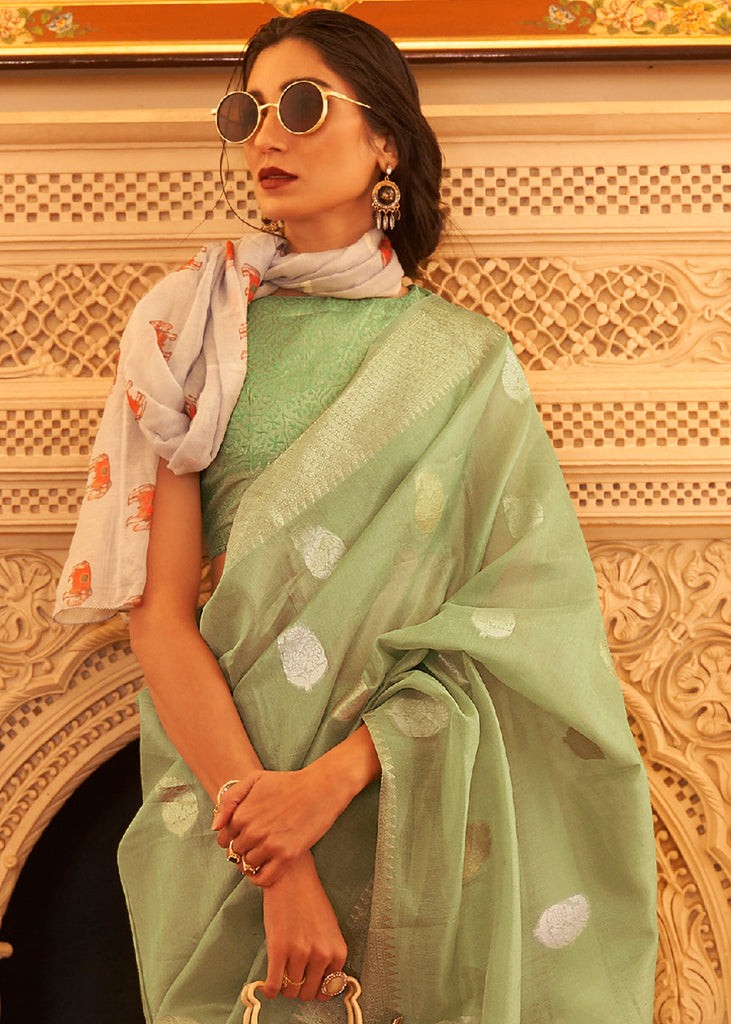 Pear Green Zari Woven Soft Tissue Silk Saree Clothsvilla