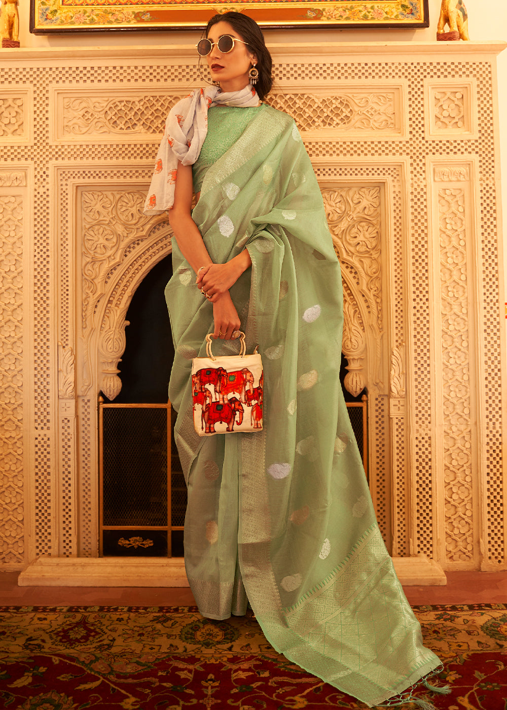 Pear Green Zari Woven Soft Tissue Silk Saree Clothsvilla Main image