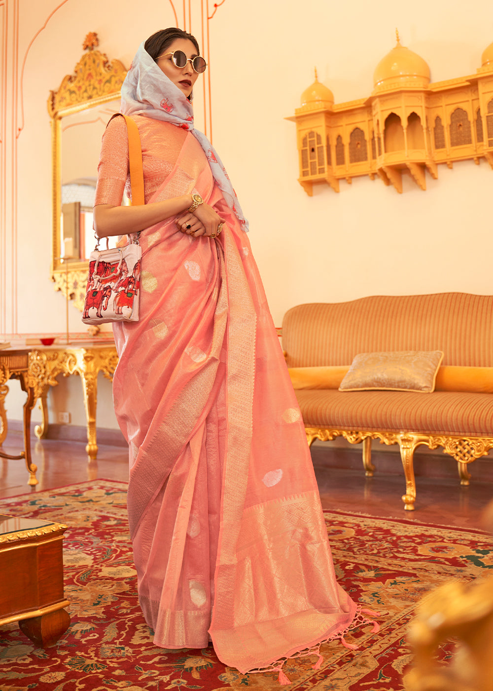 Salmon Pink Zari Woven Soft Tissue Silk Saree Clothsvilla Main image