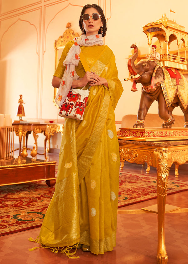 Mustard Yellow Zari Woven Soft Tissue Silk Saree Clothsvilla