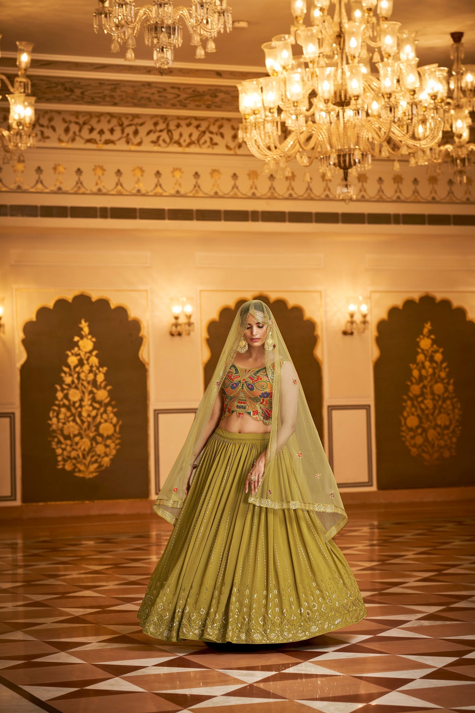Party Wear Olive Green Color Sequence Embroidered Work Lehenga Choli Clothsvilla