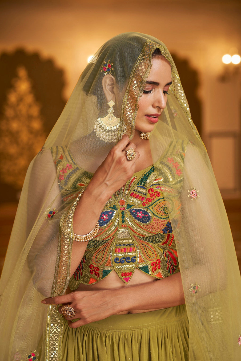 Party Wear Olive Green Color Sequence Embroidered Work Lehenga Choli Clothsvilla