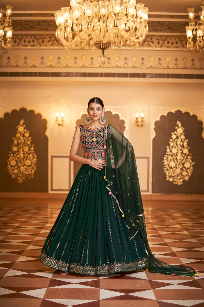 Emerald Green Floral Lehenga – Mynah Designs