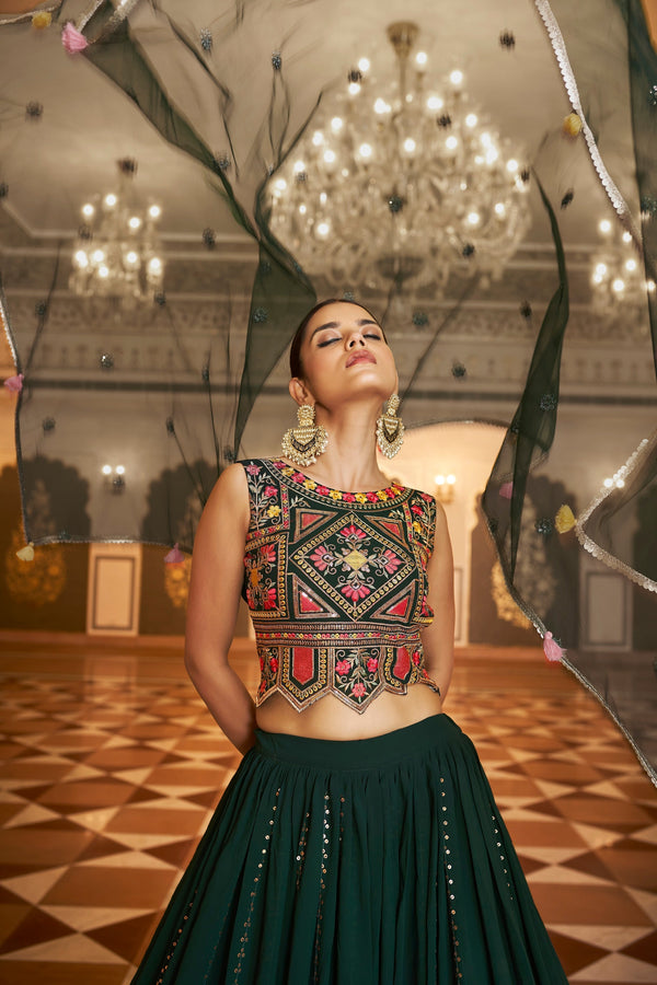 Party Wear Dark Green Color Sequence Embroidered Work Lehenga Choli Clothsvilla