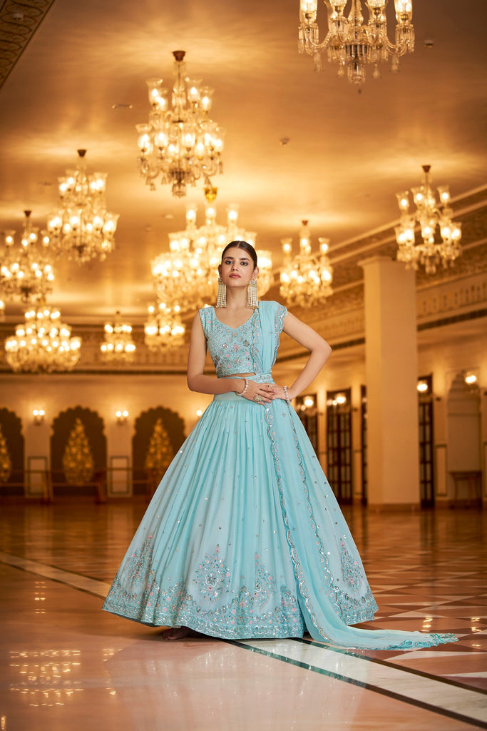 Light Blue Embroidered Crepe Semi Stitched Lehenga With Unst