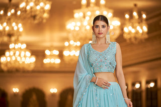 Party Wear Sky Blue Color Sequence Embroidered Work Lehenga Choli Clothsvilla