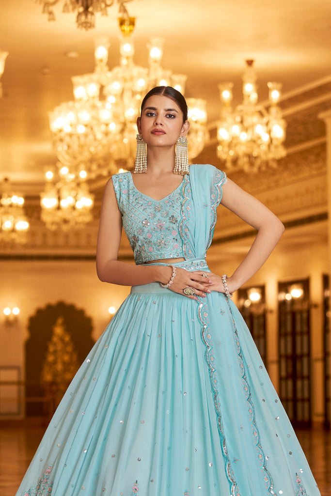 Party Wear Sky Blue Color Sequence Embroidered Work Lehenga Choli Clothsvilla