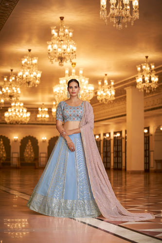 Party Wear Sky With Pink Color Sequence Embroidered Work Lehenga Choli Clothsvilla