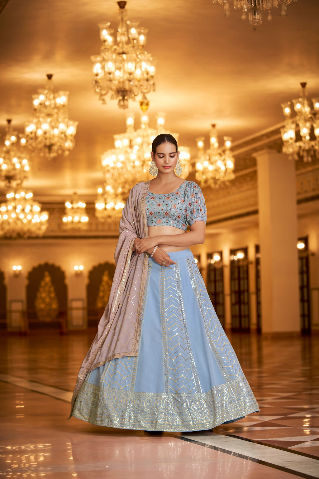 Party Wear Sky With Pink Color Sequence Embroidered Work Lehenga Choli Clothsvilla