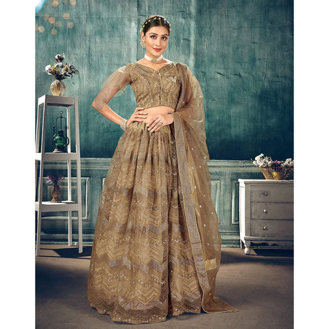 Gold Soft Net Lehenga Choli with thread and sequins work ClothsVilla Main image