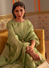 Load image into Gallery viewer, Pear Green Designer Satin Silk Saree Clothsvilla