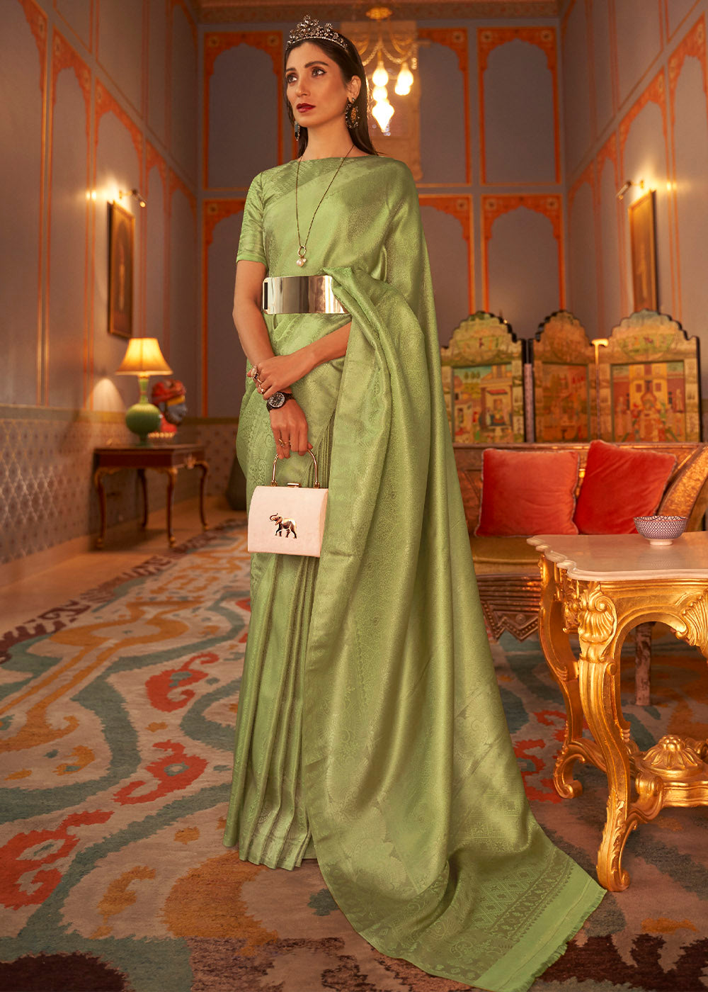 Pear Green Designer Satin Silk Saree Clothsvilla Main image