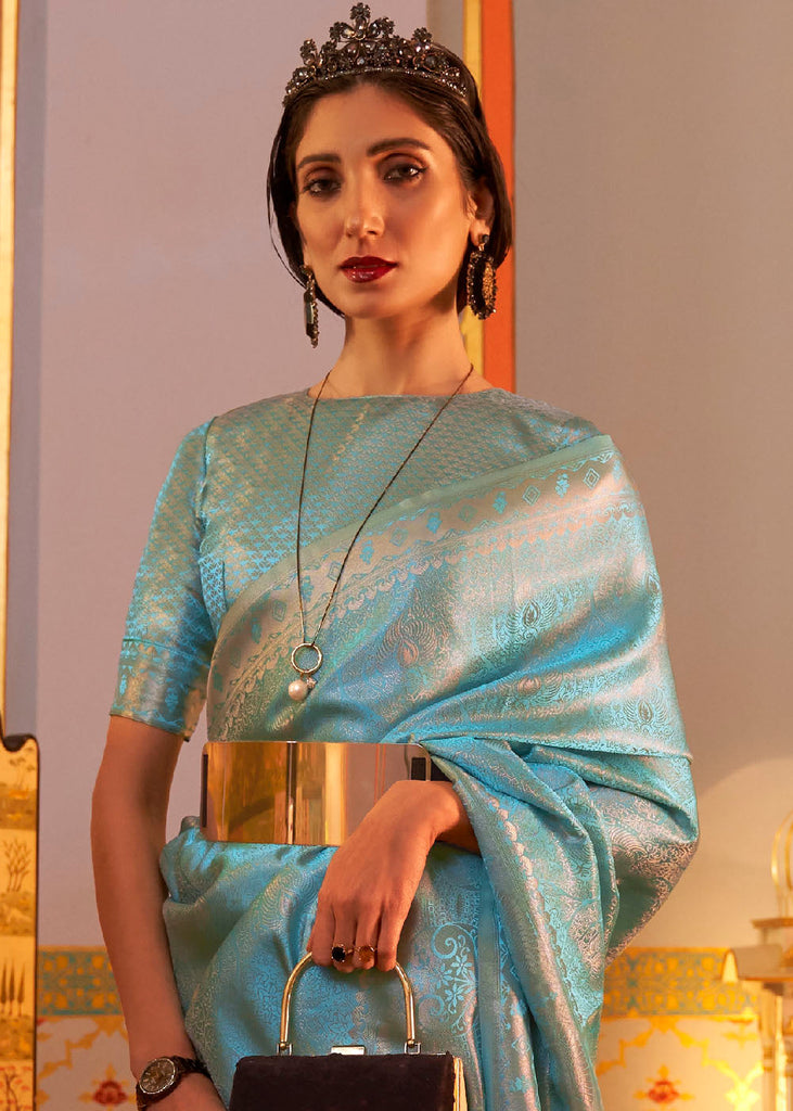 Cyan Blue Designer Satin Silk Saree Clothsvilla