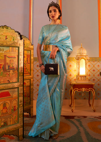 Cyan Blue Designer Satin Silk Saree Clothsvilla