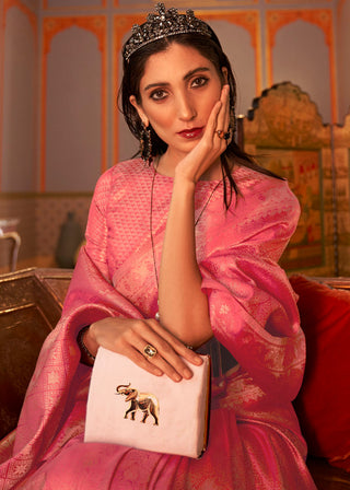 French Rose Pink Designer Satin Silk Saree Clothsvilla