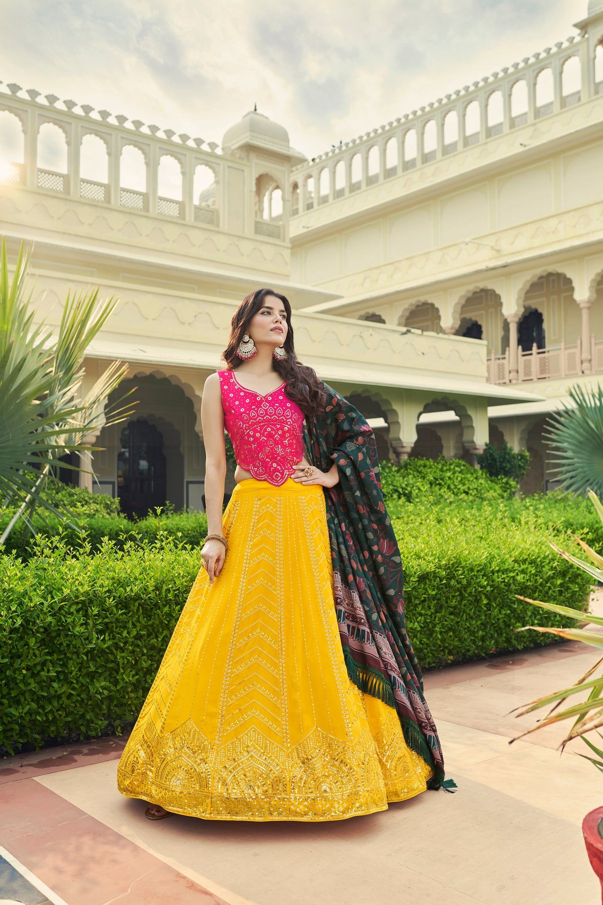 Luxuriant Sequence Embroidery Work Yellow With Pink Lehenga Choli Clothsvilla Main image
