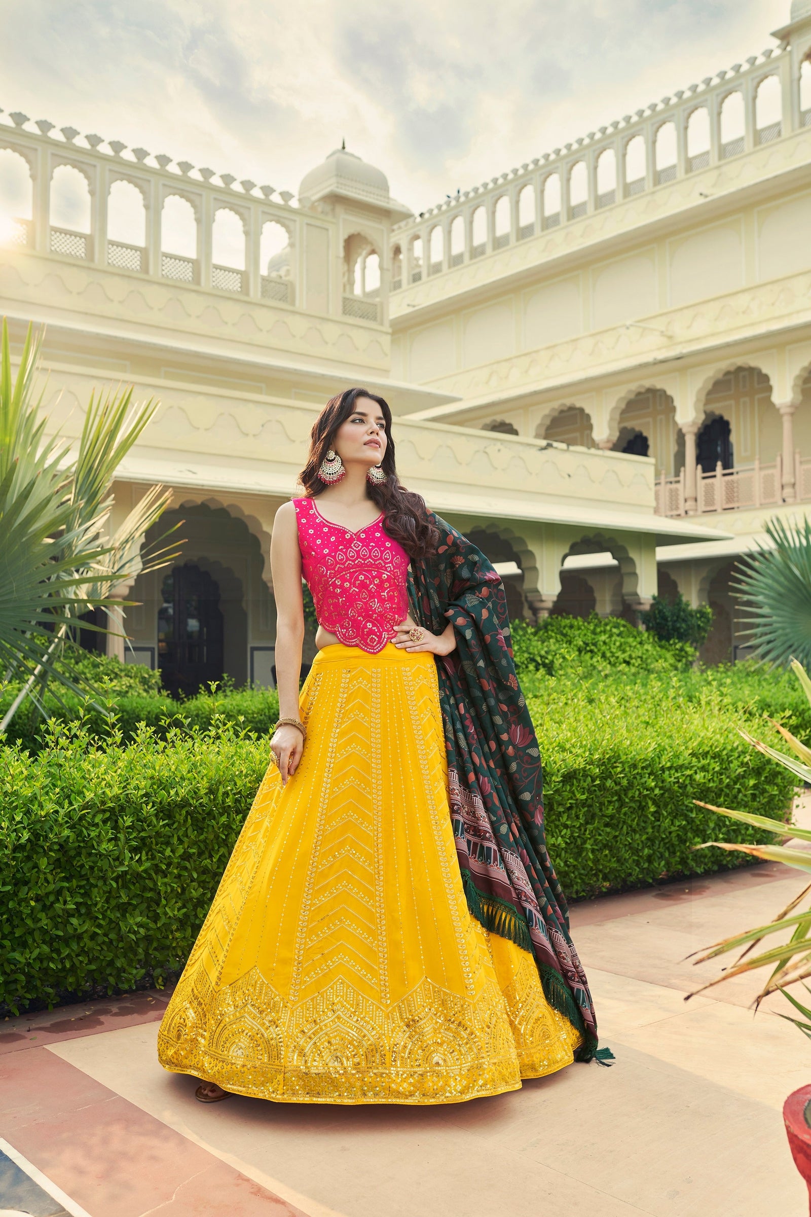 Luxuriant Sequence Embroidery Work Yellow With Pink Lehenga Choli Clothsvilla