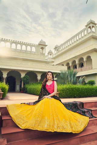 Luxuriant Sequence Embroidery Work Yellow With Pink Lehenga Choli Clothsvilla