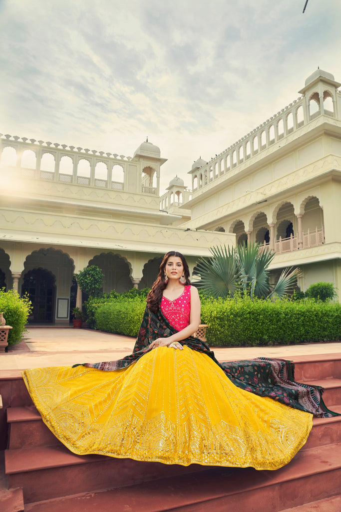 Luxuriant Sequence Embroidery Work Yellow With Pink Lehenga Choli Clothsvilla