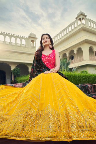 Luxuriant Sequence Embroidery Work Yellow With Pink Lehenga Choli Clothsvilla