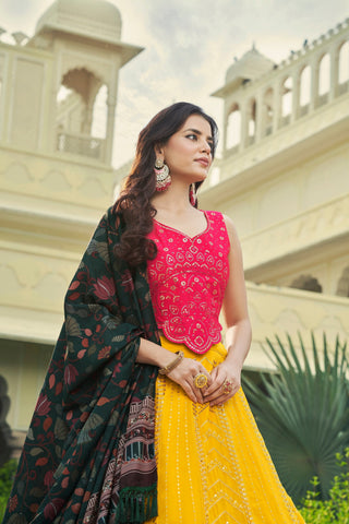 Luxuriant Sequence Embroidery Work Yellow With Pink Lehenga Choli Clothsvilla