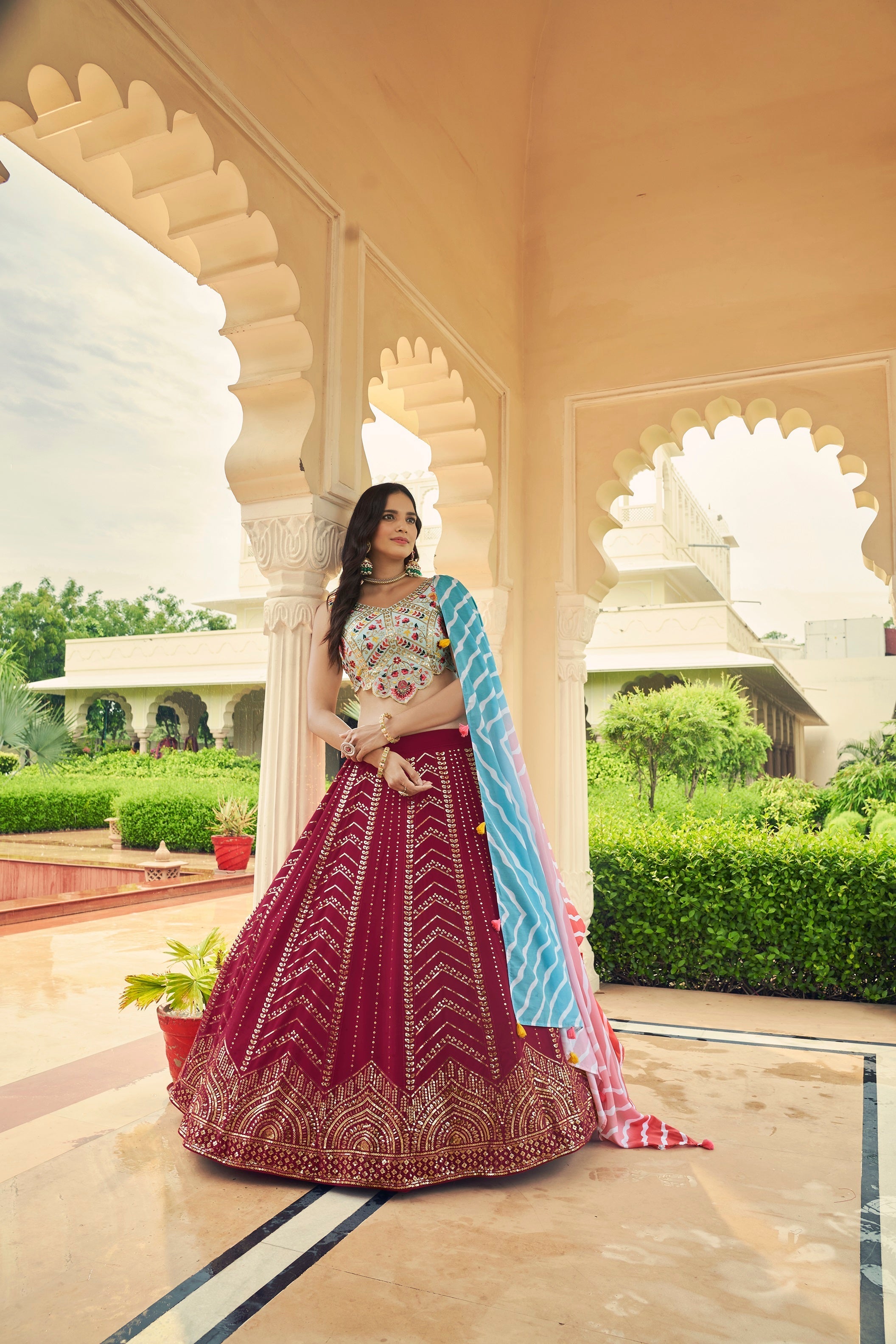 Luxuriant Sequence Embroidery Work Deep Pink With Sky Lehenga Choli Clothsvilla Main image