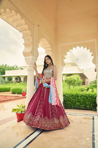 Luxuriant Sequence Embroidery Work Deep Pink With Sky Lehenga Choli Clothsvilla