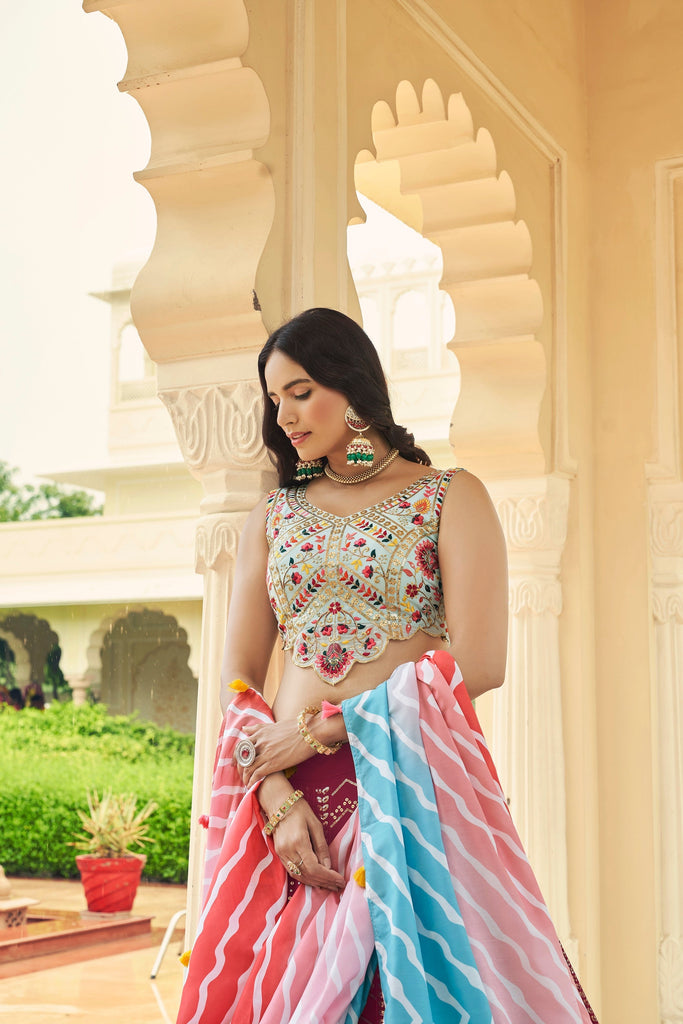 Luxuriant Sequence Embroidery Work Deep Pink With Sky Lehenga Choli Clothsvilla