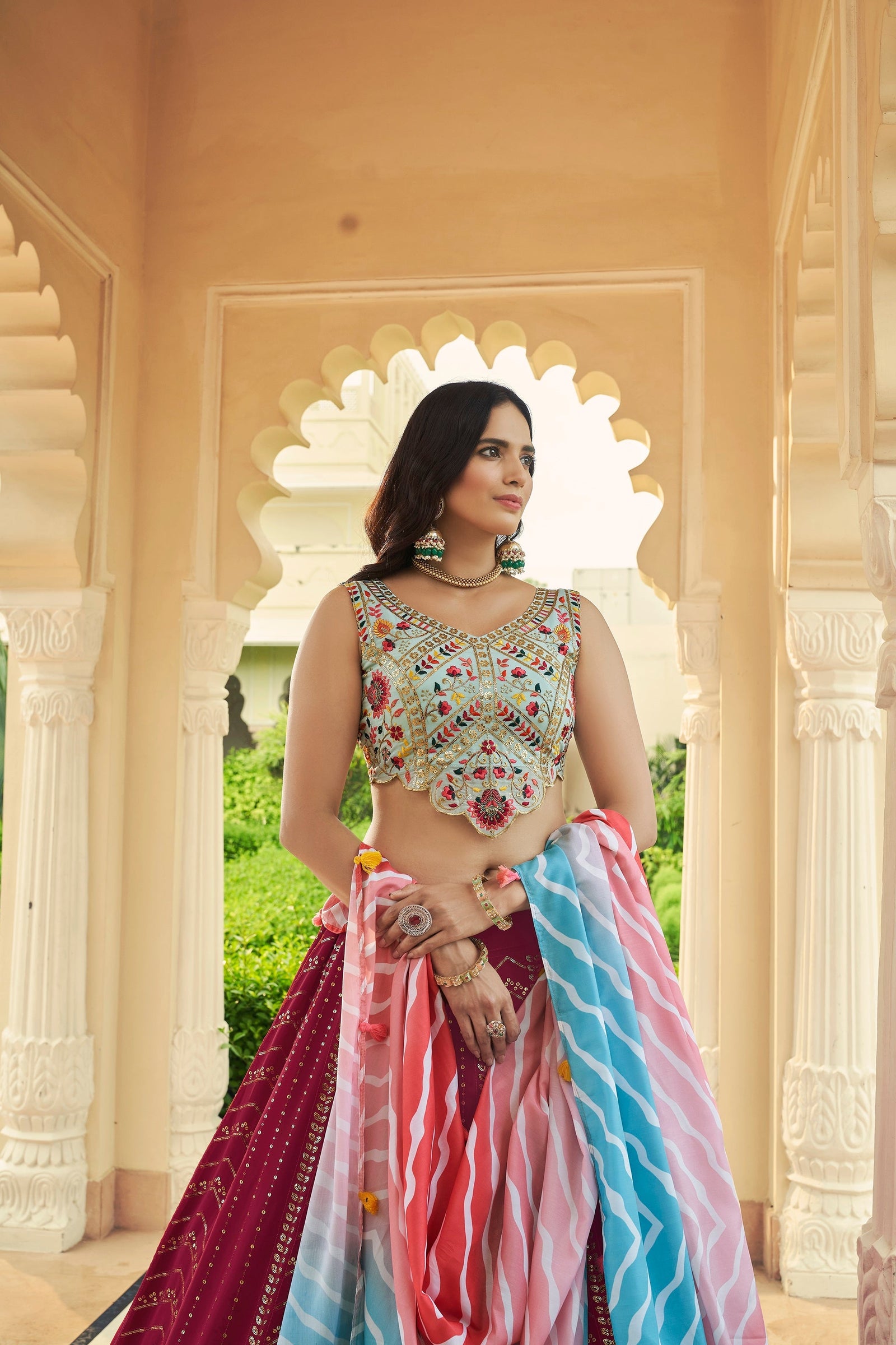Luxuriant Sequence Embroidery Work Deep Pink With Sky Lehenga Choli Clothsvilla