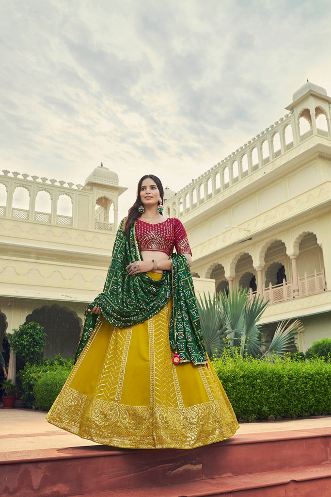 Buy Green and Pink Embroidered, Resham and Zari Work Banarasi Silk Lehenga  Choli : 275438 -