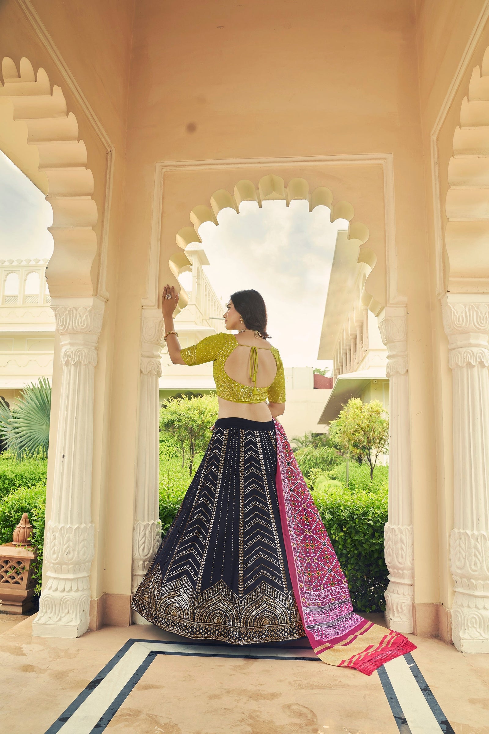 Luxuriant Sequence Embroidery Work Navy Blue With Green Lehenga Choli Clothsvilla