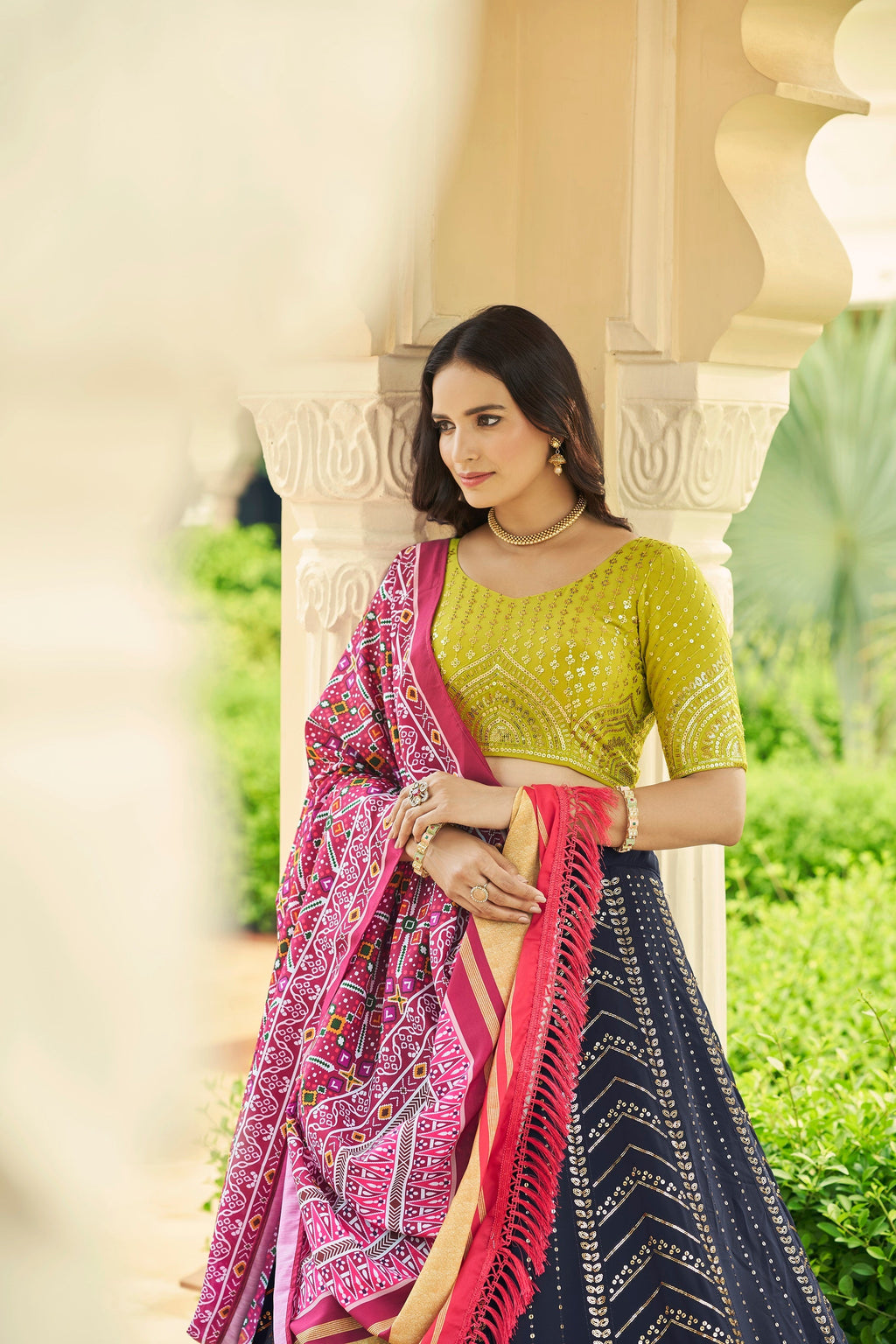 Luxuriant Sequence Embroidery Work Navy Blue With Green Lehenga Choli Clothsvilla